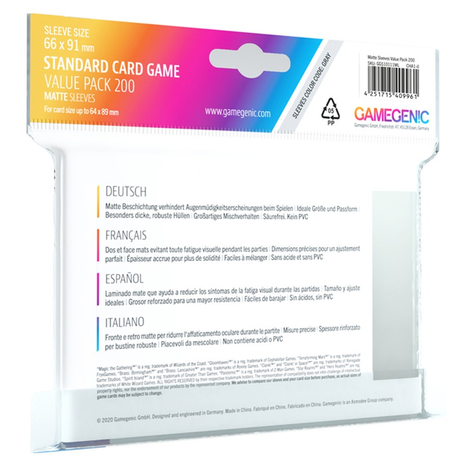 Gamegenic : Matte Board Game Sleeves - Standard Size (66mm x 91mm) (200 Sleeves Per Pack)